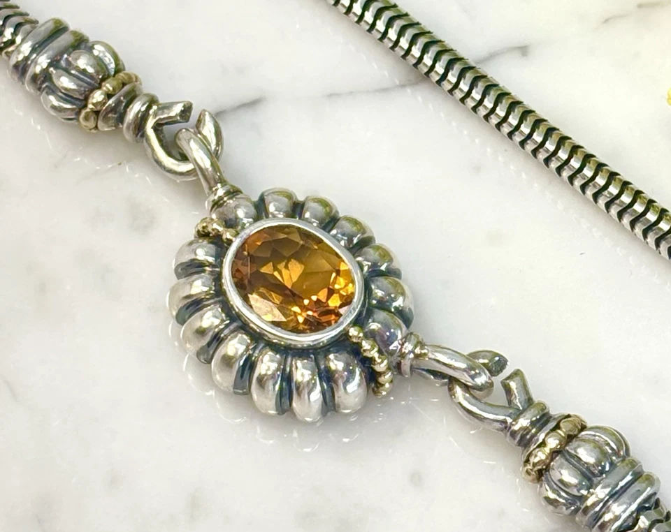 复古拉各斯鱼子酱纯银 925 18k 金黄水晶吊坠和项链 17.5 英寸 L — 第 2/4 张图片