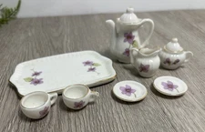 10pc VTG Dollhouse Miniatures Bone China Tea Set Floral Cups Saucers Tray Taiwan