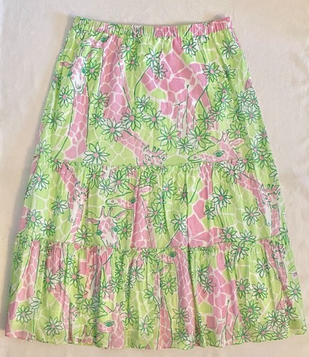 Vintage Lilly Pulitzer Tiered Prairie Skirt Pink Green Giraffe Beaded Womens M - Picture 9 of 18