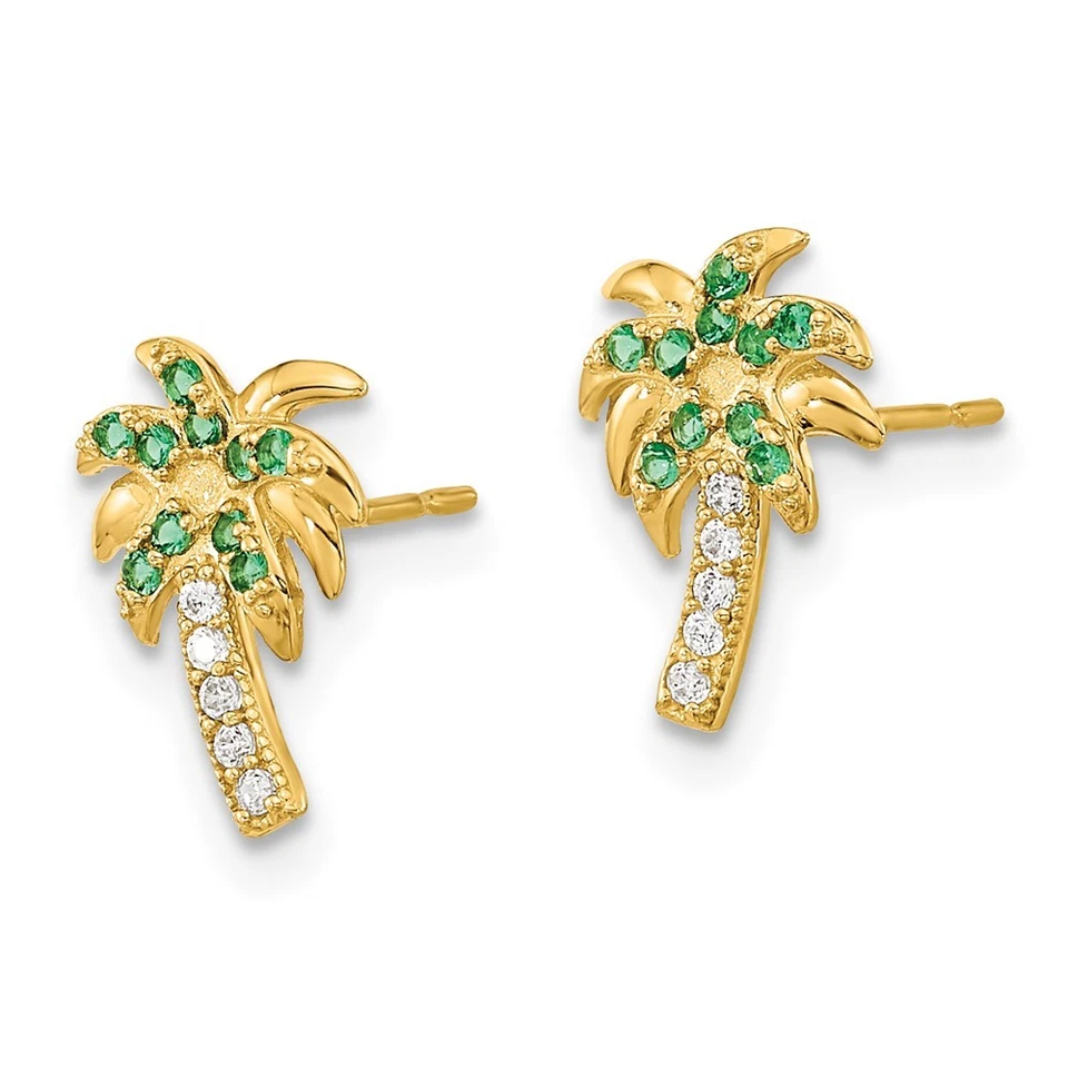 Aretes con poste de palmera de circonita cúbica verde y transparente de oro amarillo de 14k Foto 2 de 4