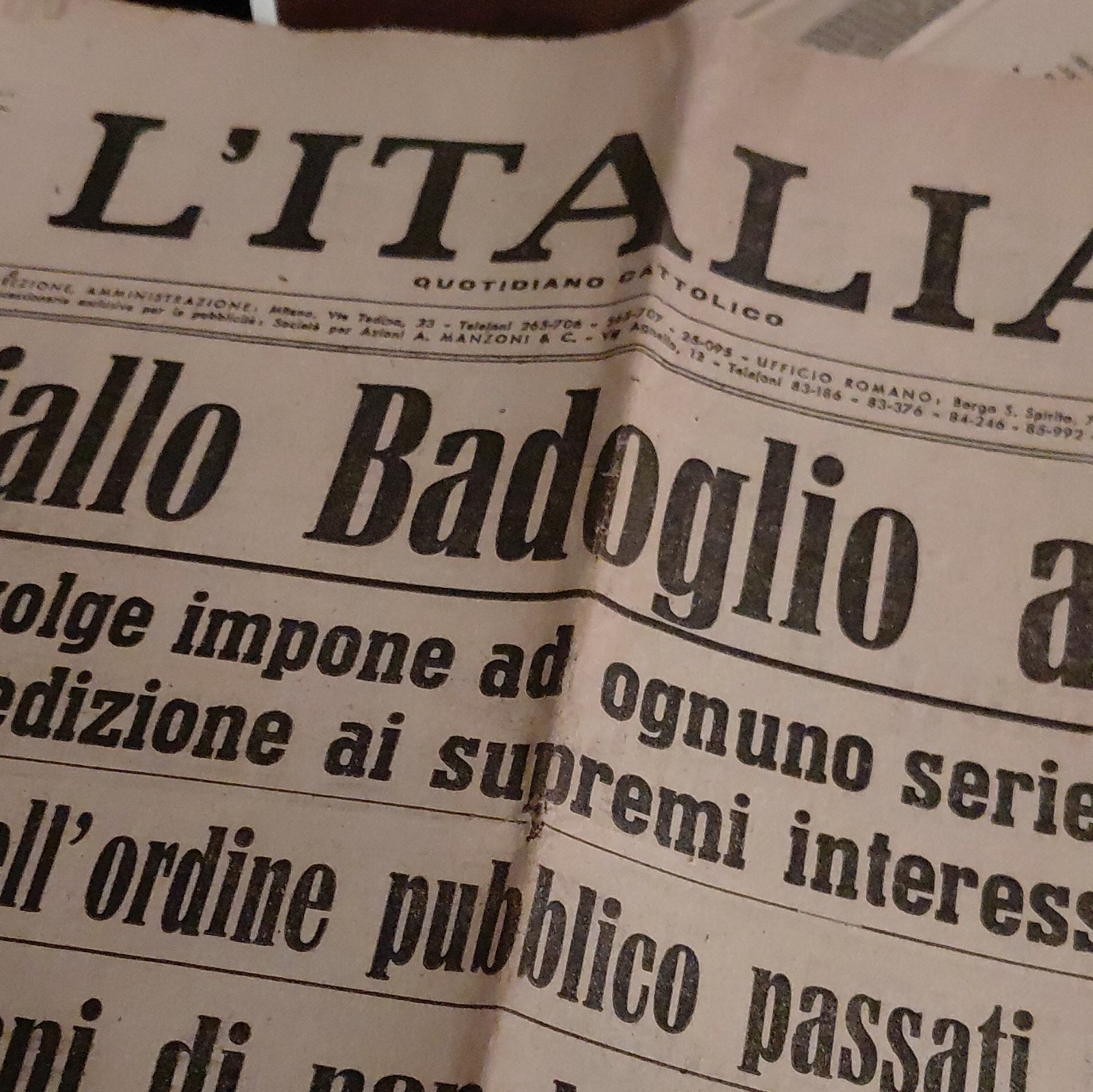 L’Italia Quotidiano Cattolico Giornale d’Epoca Milano 27 Luglio 1943