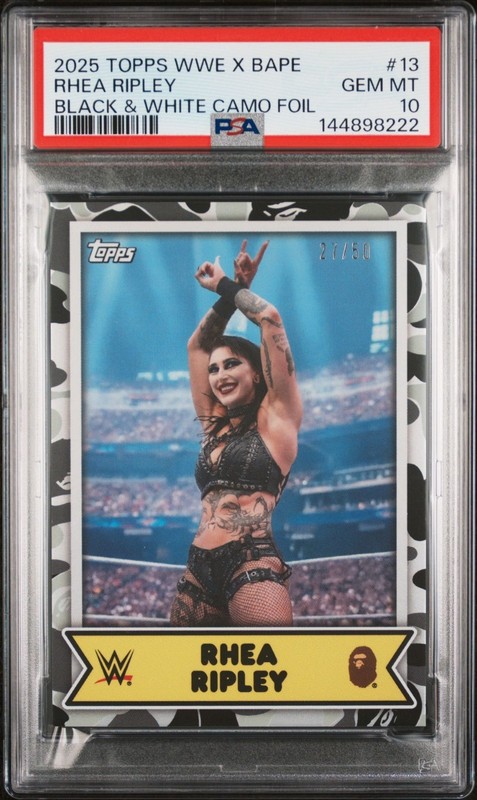 2025 Topps WWE X BAPE #12 Rhea Ripley Black & White Camo /50 PSA 10