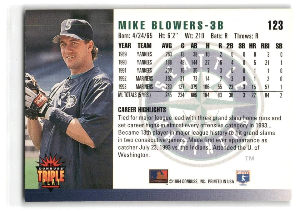 Mike Blowers 1994 Triple Play Baseball #123 Seattle Mariners - Image 2 of 2