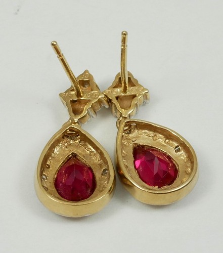 Set of Solid 9ct Yellow White Gold Pear Cut Ruby & Diamond 21mm Earrings Pair - Picture 6 of 9