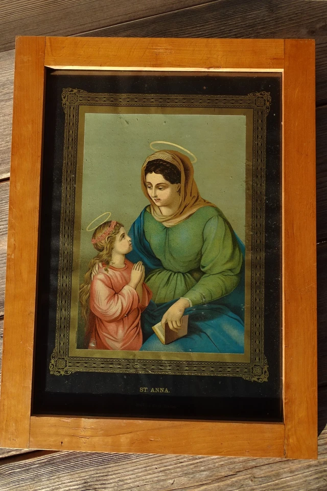 c.1895 HEILIGENBILD 59x44cm Hl. St. ANNA lehrt MARIA Druck von O. Bloch Breslau - Bild 1 von 4