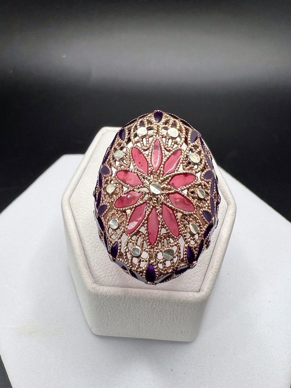 DYADEMA Italy 925 Sterling Silver Rose Gold Vermeil Ring Enameled Flowers Sz 7.5