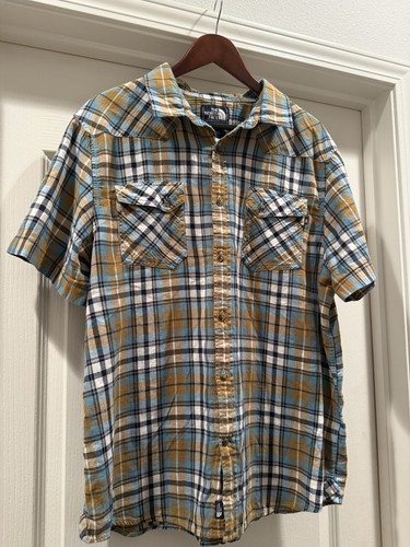 The North Face Size XL Mens Shirt Button Up Short Sleeve Plaid Blue Beige - Bild 2 von 8