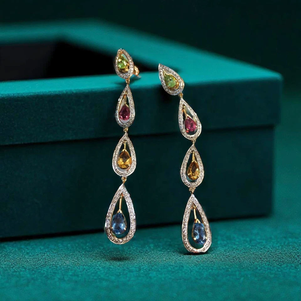 Pavé 1,88 Karat F/VS1 Runder Brillantschliff Diamanten Baumeln Ohrringe 14K Gold - Bild 4 von 4