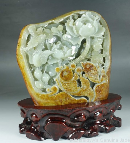 Exquisite Hollowed Carved Hetian Nephrite Jade Peony Bird Statue - Picture 2 of 6