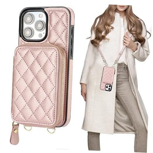 Crossbody Wallet Case for iPhone 15 Pro Max, RFID Blocking PU Rose Gold