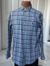 Polo Ralph Lauren Green Blue Plaid Button Down Shirt Mens Size Medium 15 1/2 