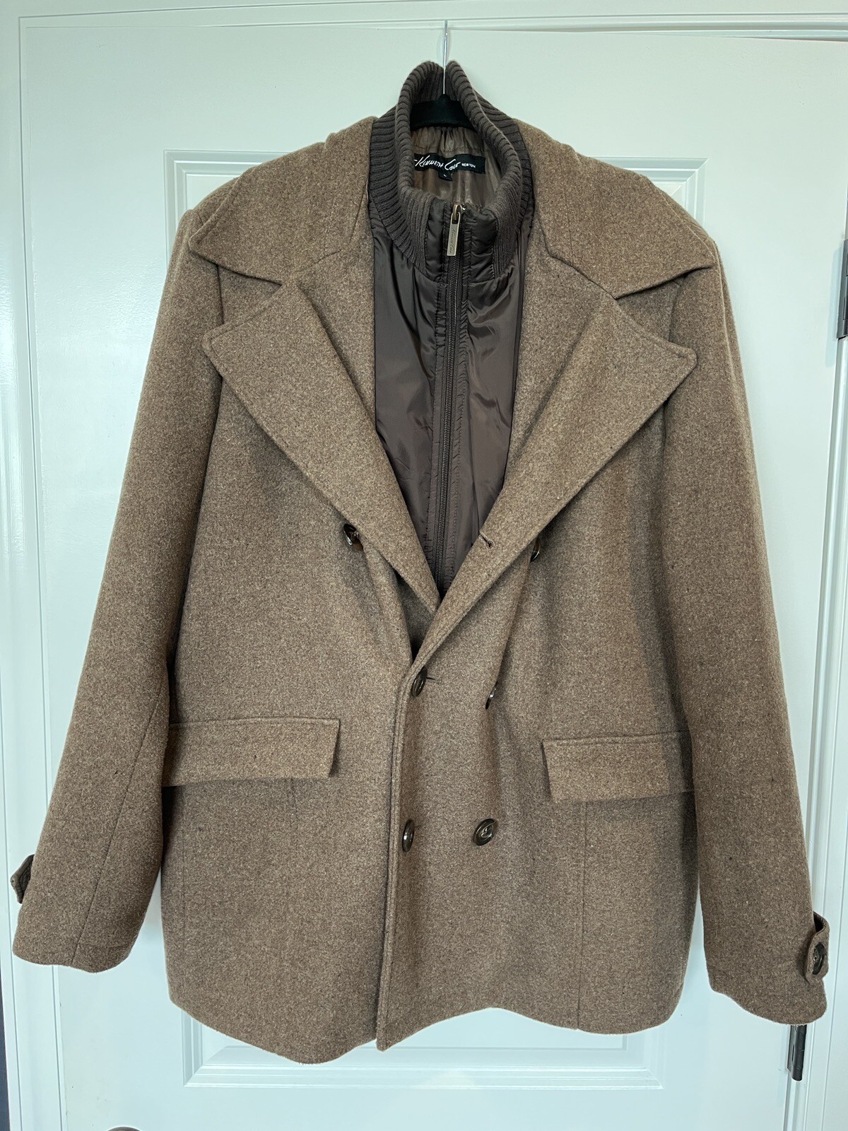 Cole Men's Double Breasted Wool Blend Peacoat with Bib, brown