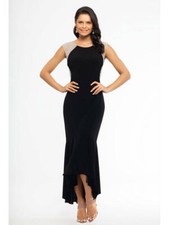 XSCAPE - LYCRA HIGH LOW CAVIAR-BEAD SHOULDERS SLEVEELESS BLACK GOWN SIZE 8 +P-4