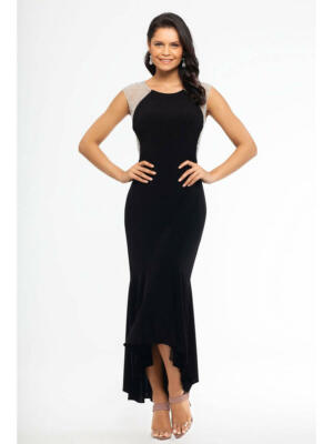 XSCAPE - LYCRA HIGH LOW CAVIAR-BEAD SHOULDERS SLEVEELESS BLACK GOWN SIZE 8  +P-4 | eBay