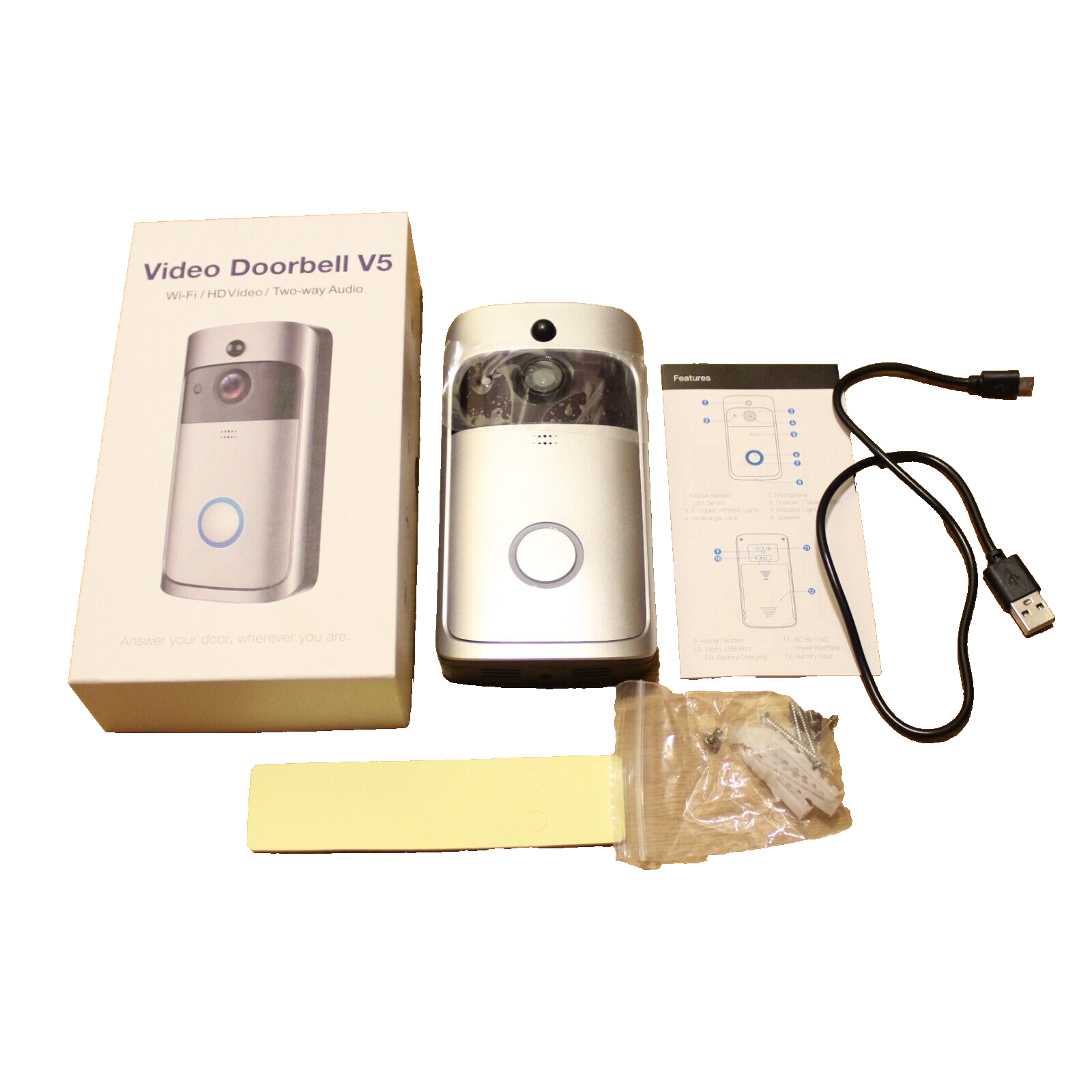 Upgrade Your Home Security with the Video Doorbell V5 – Wi-Fi Enabled HD Video, Two-Way Audio, Wireless Design in Sleek Silver, New Open Box Condition-image