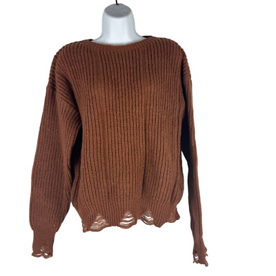 Distressed Brown Ribbed Womens Knit Sweater Size S