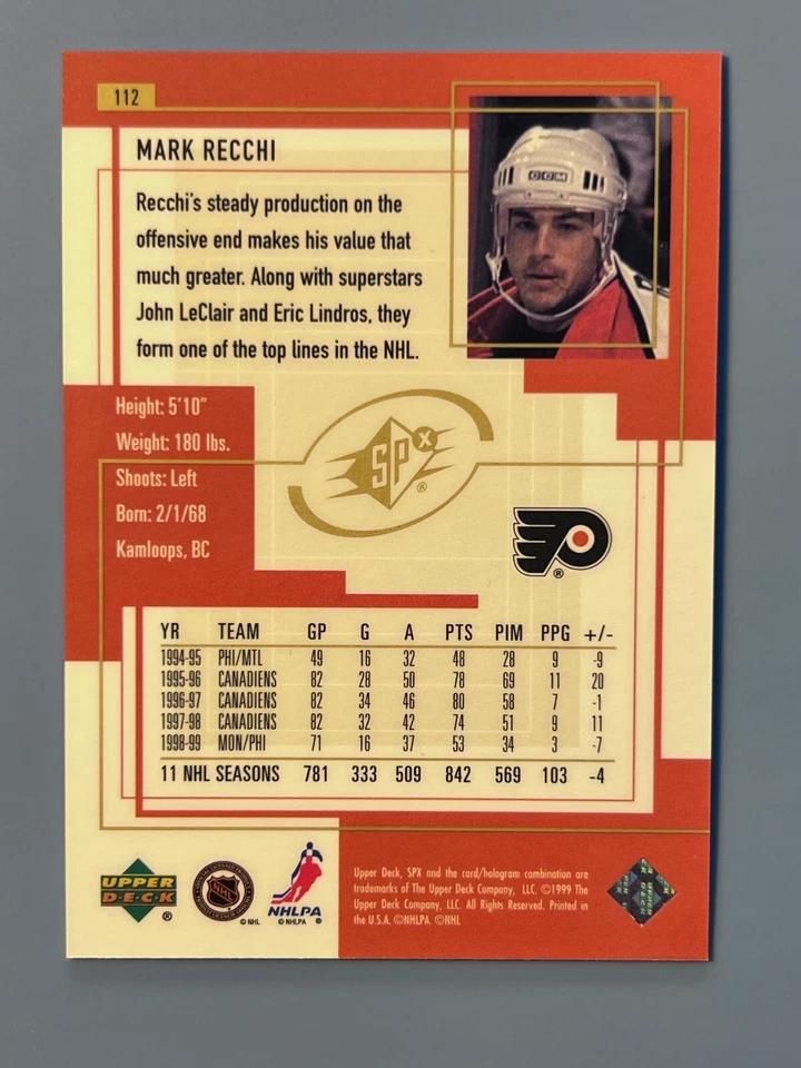 1999-00 SPX MARK RECCHI #112 PHILADELPHIA FLYERS HOF - Image 2 of 2