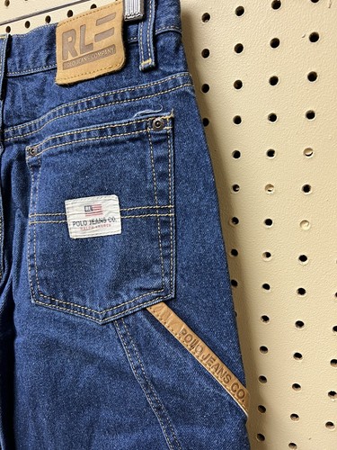 Vintage Polo Jeans Co Ralph Lauren Youth 12 Leather Banner Flag Denim Jean Blue - Picture 3 of 10