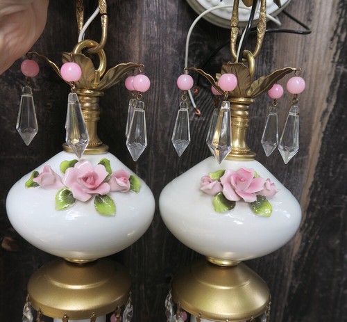2 Apelines Lámpara Rosa Barbola Rosa Vintage Porcelana Cuentas Latón Tole Luz Desgastada - Imagen 12 de 12