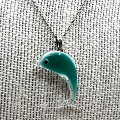 Murano Glass, Handcrafted Lovely Dolphin Pendant Necklace & 925 Sterling Silver
