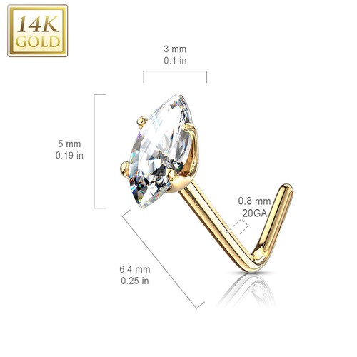 14K Yellow Gold L Bend Nose Stud Rings with Prong Marquise CZ 20G 1/4" - Picture 3 of 9