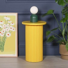 Fluted Round Top Yellow Ribbed Wooden Reeded Accent Occasional Side Table