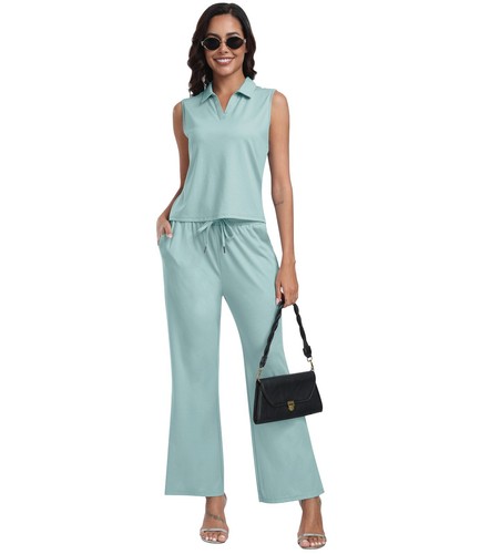 Women's Casual Outfits Set with Pocket Two Piece Sleeveless Shirt Wide Leg Pant - Picture 81 of 81