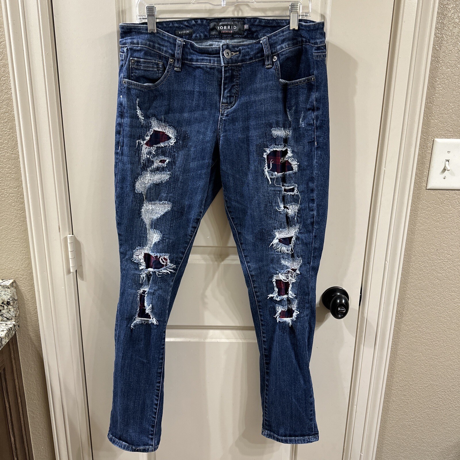 Torrid Premium Distressed Plaid Patch Boyfriend J… - image 1