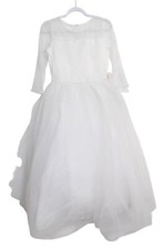 Girls White Lace  Tulle Long Sleeve Dress W/ Pearl Accents  Satin Bow Size 16
