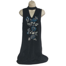 Kensie Shift Dress Size Small Black Floral Embroidered Sleeveless V Neck Zip Up