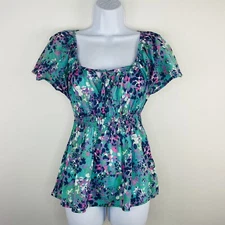 H&M Womens Top Sz M Blue Pink Floral Short Sleeve Sweetheart Neck 100% Cotton
