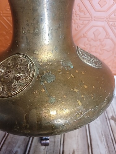 Chinese Bronze Vase Mystical Animals Birds Dogs Bowl Jardiniere Brass Bulbous - Picture 9 of 24