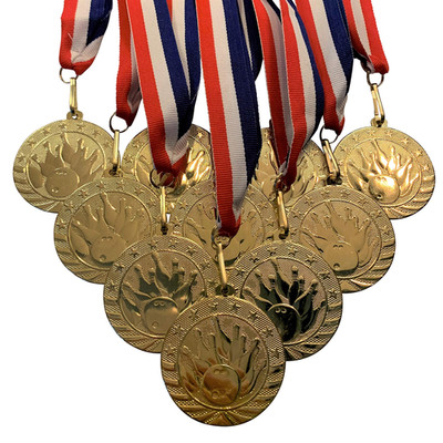 Express Medals Solid Metal Bowling Medals And Red White And Blue Neck Ribbons.
