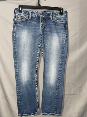 Vintage Y2K Silver Jeans Tuesday Low Rise Capri Crop Sz 31 x 24 Thick Stitch