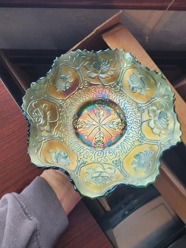 Cracked Fenton Carnival Glass Green Dragon & Lotus Ruffled Bowl