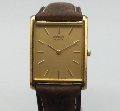 トコ Vintage Seiko Tank Watch Men 25mm Gold Tone 5Y30-5069 Leather Band