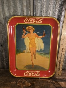 Original 1937 W Bracket Coca-Cola "Running Girl" Tray Yellow Bathing Suit Beach