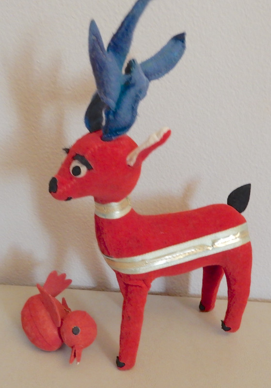 (2) Vintage CHRISTMAS Reindeer Dream Pets(?)  Red Bird Japan Doll Figure Plush