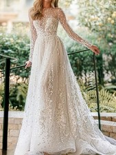 Modest Long Sleeve Wedding Dress Classic Lace Appliques Bride Robe Elegant