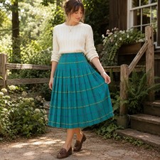 Vintage Plaid Pleated Midi Skirt Teal Purple Yellow High Waist A Line Women's S