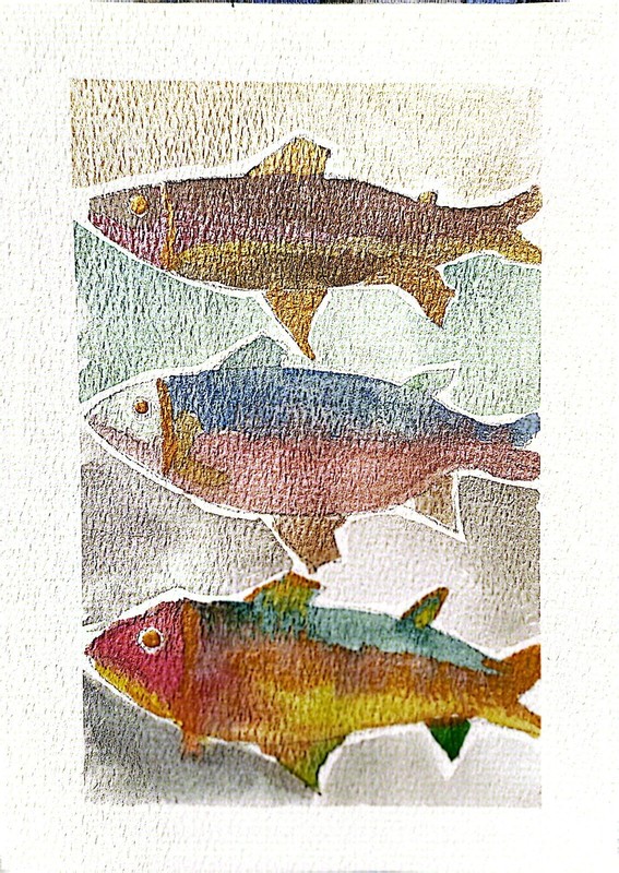 Trio Colored Fish Contemporary Expressionist Original Iridescent Watercolor 5x7