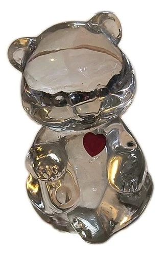 Vintage Fenton Teddy Bear Figurine W Red Heart Clear Glass Crystal Collectible