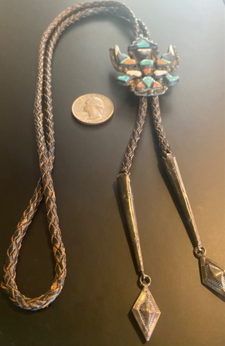 VTG Zuni Sterling Silver? Genuine Turquoise Coral MOP Knifewing Dancer Bolo Tie - Picture 3 of 24