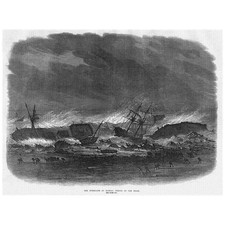 INDIA The Hurricane at Madras Shipwrecks on the Beach - Antique Print 1872