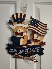 Patriotic Home Sweet Home Door Hanger Sign Wood Flag Bear Birdhouse