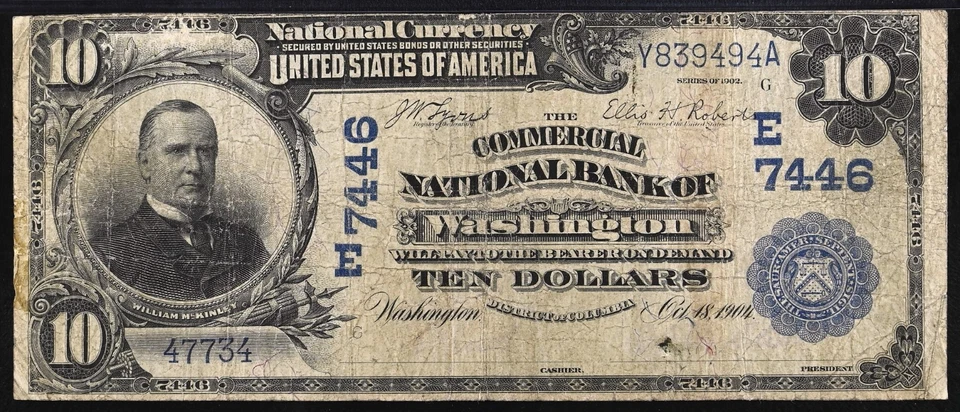 1902 $10 Ten Dollar Large Note Commercial NB Washington DC Date Back - PMG VF 20 - Image 2 of 4