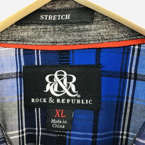 Rock & Republic Button Up Shirt Men's XL Stretch Blue Plaid Heather Gray Insets - Picture 6 of 18