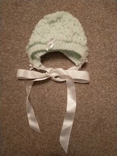 Hand Knitted Baby Bonnet Pastel Green With White Ribbon And Bows 0-3 Months