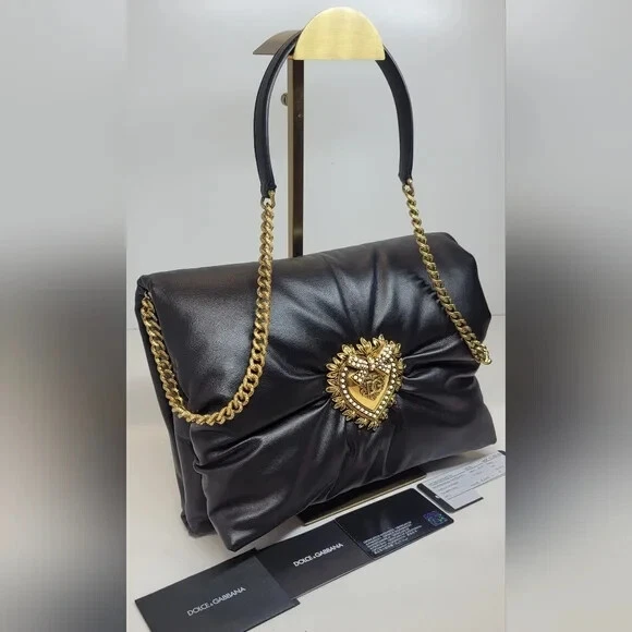 Dolce & Gabbana Devotion Lg Black Padded Calfskin Leather Bag 🩷