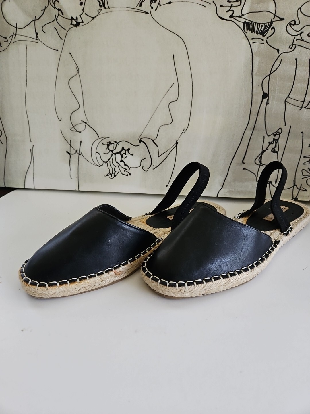 Zara Basic Black Flat Straw Woven Braided Sole El… - image 2